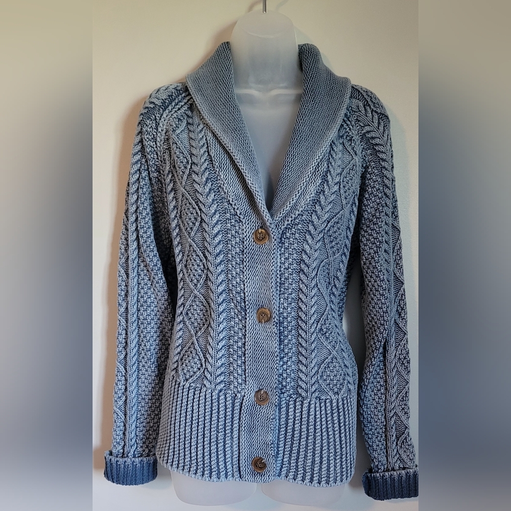 VTG L.L. Bean Women's Cotton fishermans knit sweater button up pale blue size LG